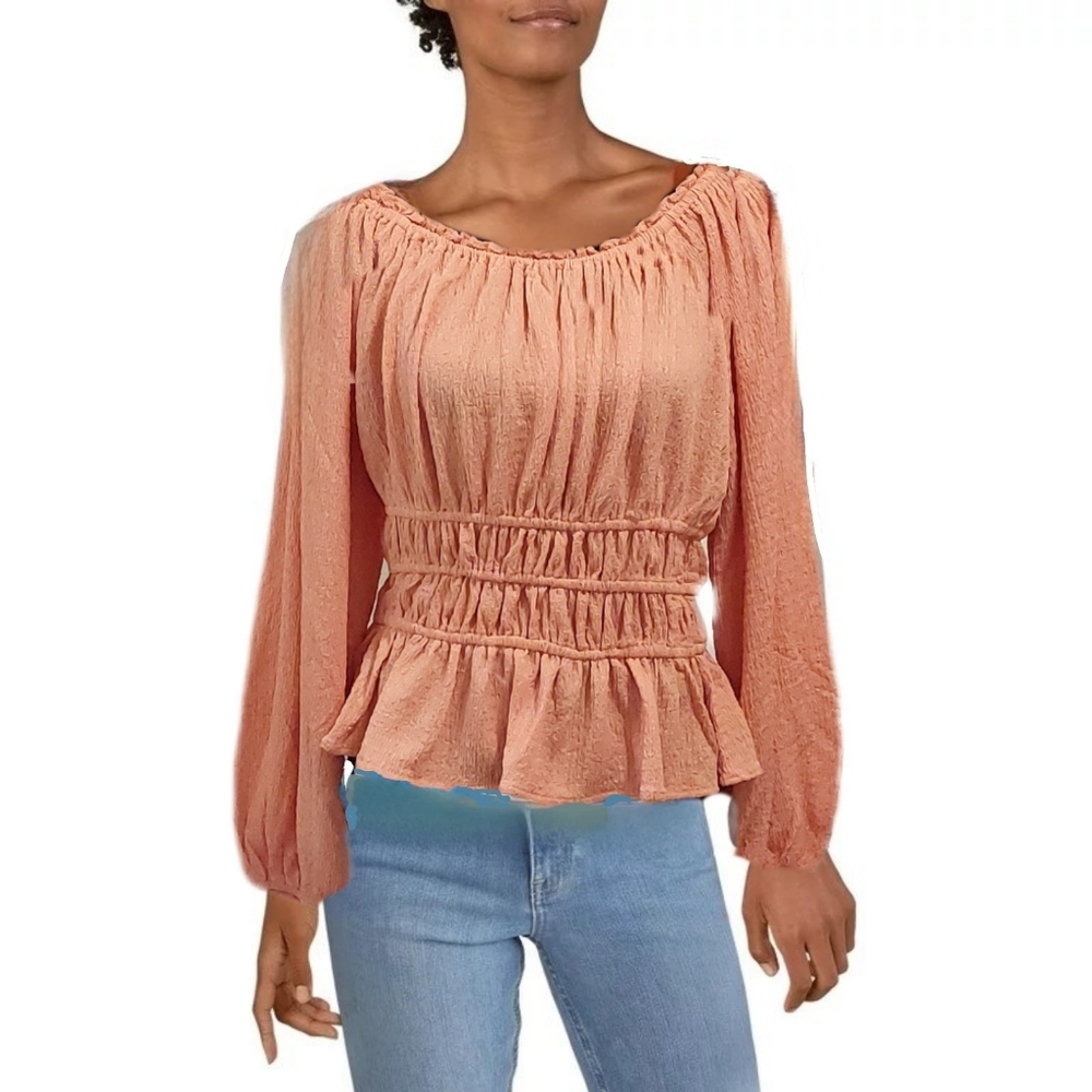 Womens Còral Orange Smocked Peplum Long Sleeve Top Size M Easle